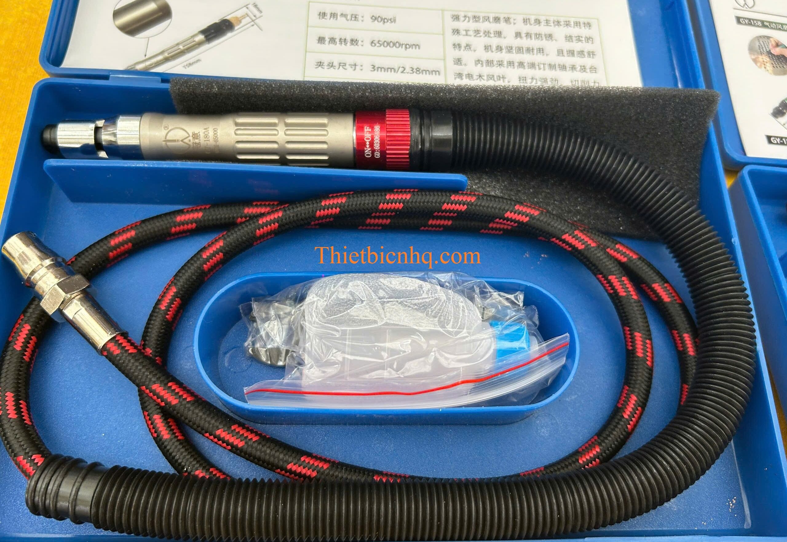Bộ máy mài khí nén cầm tay gồm máy dây hơi đầu nối nhanh cờ lê và phụ kiện đi kèm