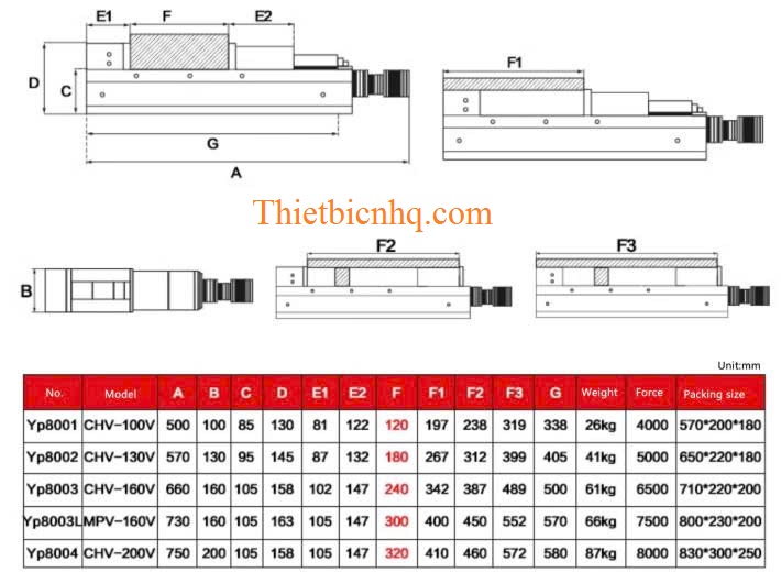 Bản vẽ kích thước và thông số kỹ thuật ê tô thủy lực CHV-160V độ mở 240mm lực kẹp 6500kgf