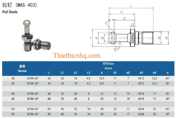 Bản vẽ kích thước vít rút BT Pull Stud tiêu chuẩn