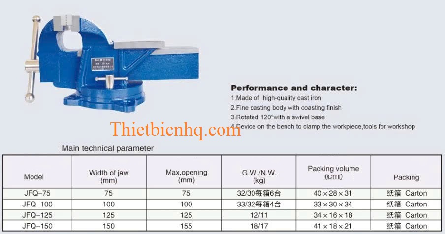 Kích thước kỹ thuật ê tô bàn khoan JFQ-75 JFQ-100 JFQ-125 JFQ-150