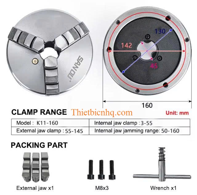 Kích thước mâm cặp 3 chấu K11-160 D160