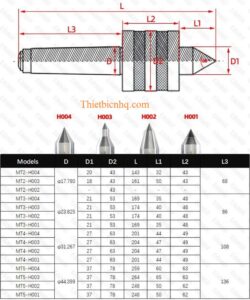 Bản vẽ kích thước mũi chống tâm quay MT H001 H002 H003 H004