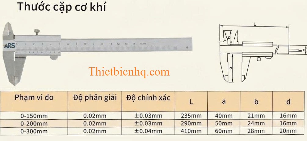 Kích thước thước kẹp cơ khí 150mm 200mm 300mm