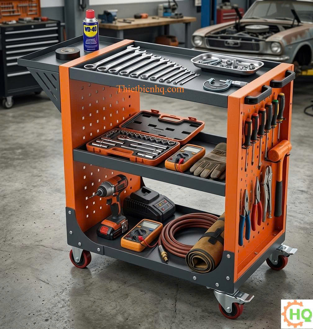 Xe đẩy dụng cụ 3 tầng chứa dao phay, bầu kẹp và dụng cụ CNC