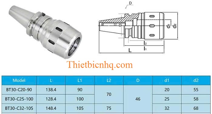 Kích thước bầu kẹp dao phay BT30-C25
